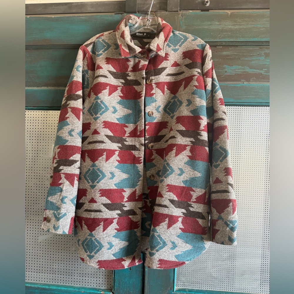 Vintage Style Women's Aztec Shacket - Red, Blue, Gray, Brown